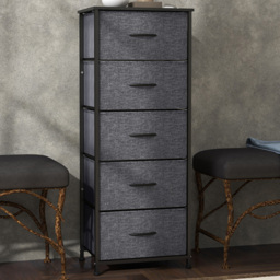 HOMCOM 5 Drawer Dark Grey Fabric Chest of Drawers with Wooden Top - Wilko - thumbnail 1