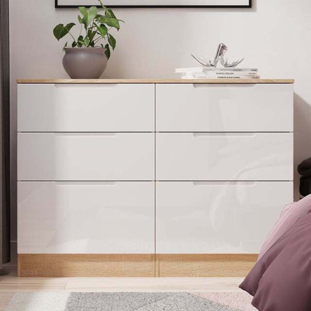 Crowndale Milan 6 Drawer White Gloss and Bardolino Oak Wide Chest of Drawers Ready Assembled - White Gloss & Bardolino Oak - Wilko - image 1