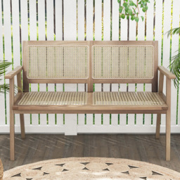 Costway Teak Wood Rattan Garden Bench - Size: 122 x 69 x 22cm - Cream - Wilko