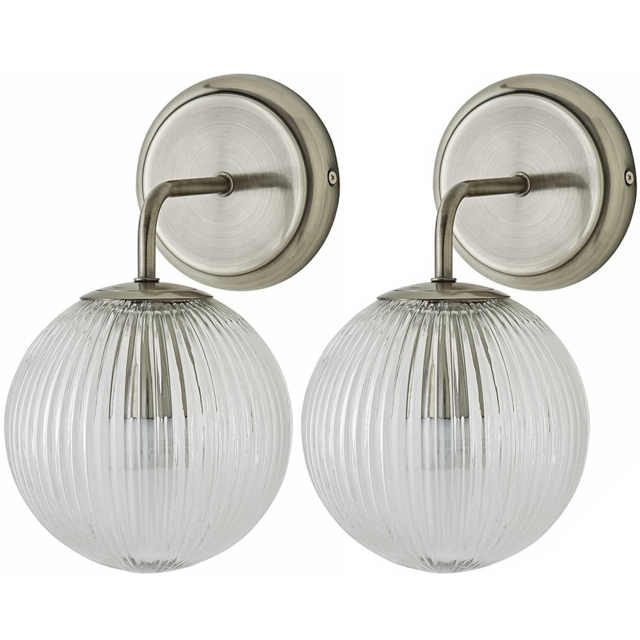 ValueLights Kempton Brushed Chrome Ribbed Globe Shade Wall Light with Bulb 2 Pack - Size: 26 x 15 x 19cm - Wilko - image 1