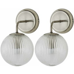 ValueLights Kempton Brushed Chrome Ribbed Globe Shade Wall Light with Bulb 2 Pack - Size: 26 x 15 x 19cm - Wilko