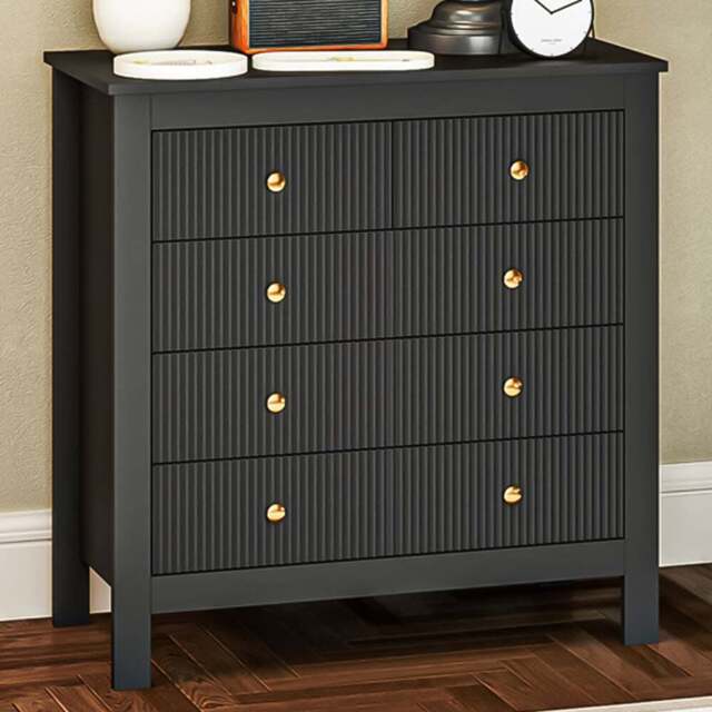 Portland 5 Drawer Black Fluted Chest of Drawers with Gold Tone Handles - Wilko - image 1