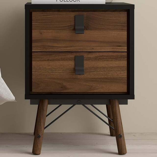 Florence Ry 2 Drawer Matt Black and Walnut Bedside Table - Furniture To Go - Wilko - image 1