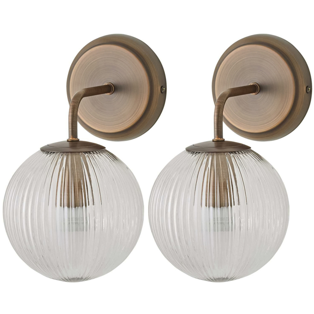 ValueLights Kempton Brushed Brass Ribbed Globe Shade Wall Light with Bulb 2 Pack - Size: 26 x 15 x 19cm - Wilko - image 1