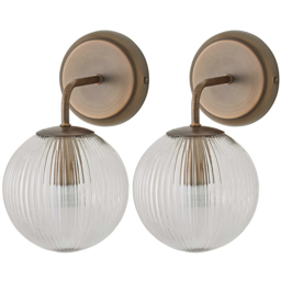 ValueLights Kempton Brushed Brass Ribbed Globe Shade Wall Light with Bulb 2 Pack - Size: 26 x 15 x 19cm - Wilko