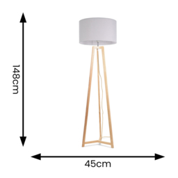 ValueLights Lottie Grey Fabric Drum Shade Natural Wood Tripod LED Floor Lamp - Size: 148 x 45 x 45cm - Cream - Wilko - thumbnail 5