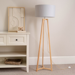 ValueLights Lottie Grey Fabric Drum Shade Natural Wood Tripod LED Floor Lamp - Size: 148 x 45 x 45cm - Cream - Wilko - thumbnail 4