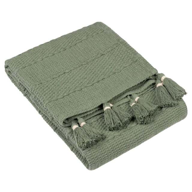 Yard Caliche Khaki Green Woven Tasselled Throw 130 x 180cm - Size: 180 x 130cm - Yard Living - Wilko - image 1