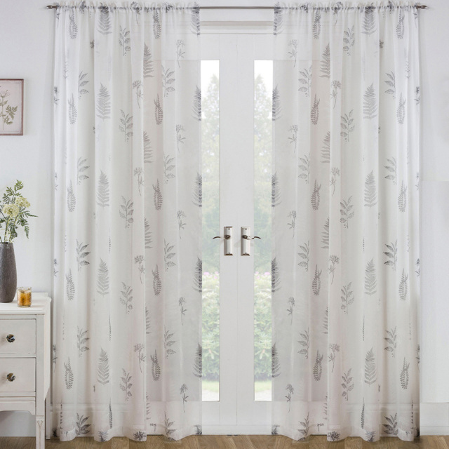 Tyrone Textiles Bracken Grey Wild Leaf Print Rod Pocket Voile Panel Curtains 140 x 229cm - Size: W 140 x D 229cm - Wilko - image 1