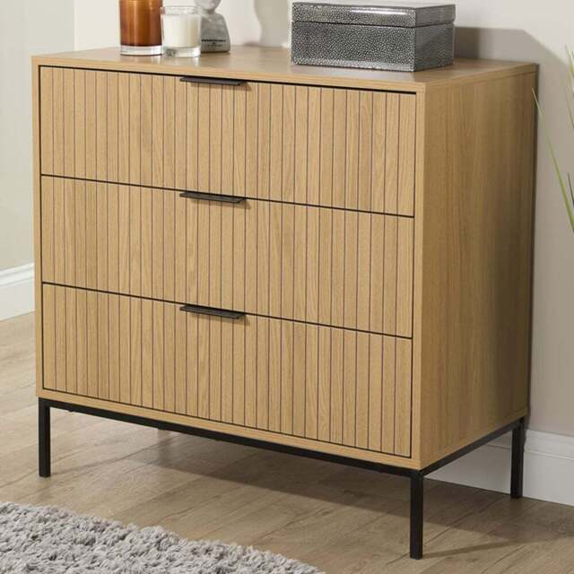 Home Source Wisbench 3 Drawer Oak and Black Wooden Wide Chest of Drawers - Brown - Wilko - image 1