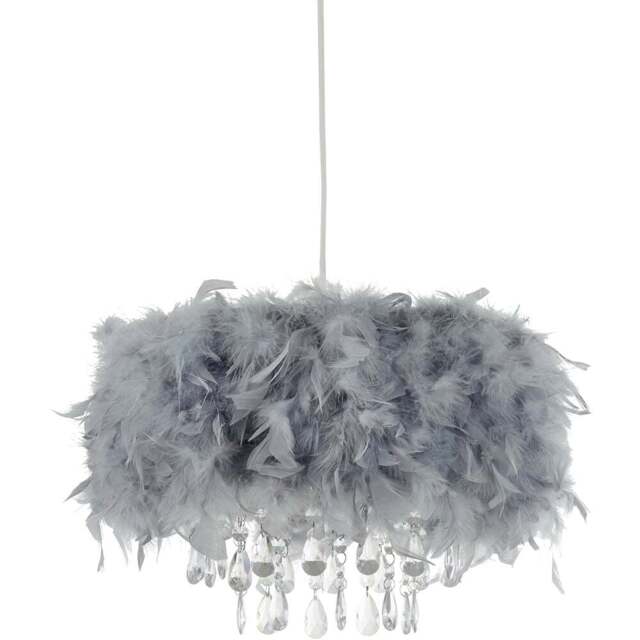 Lighting Collection Grey Feather Shade with Acrylic Drops - Size: 30 x 45 x 45cm - Wilko - image 1