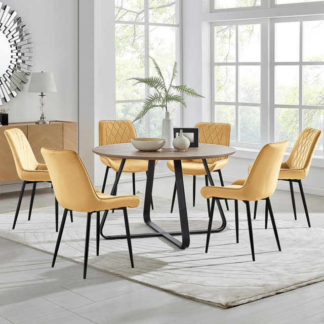 Furniturebox Fira Cesano Wood Effect 6 Seater Round Dining Set Brown Mustard Yellow and Black - Wilko - image 1