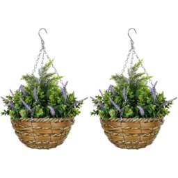 Portland Purple Lavender Flower Artificial Plant in Hanging Planter 2 Pack - Size: 34 x 25 x 25cm - Green - Wilko