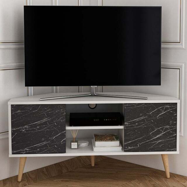Decorotika Lesson 2 Door 2 Shelf White and Black Marble Effect Corner TV Stand - Size: 16.6 x 120 x 59.8cm - Multi - Wilko - image 1