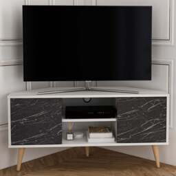 Decorotika Lesson 2 Door 2 Shelf White and Black Marble Effect Corner TV Stand - Size: 16.6 x 120 x 59.8cm - Multi - Wilko - thumbnail 1