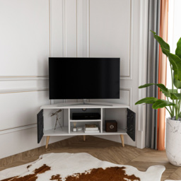 Decorotika Lesson 2 Door 2 Shelf White and Black Marble Effect Corner TV Stand - Size: 16.6 x 120 x 59.8cm - Multi - Wilko - thumbnail 4