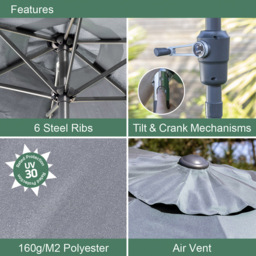 GardenKraft Charcoal 6 Ribs Crank and Tilt Parasol 2m - Grey - Wilko - thumbnail 6