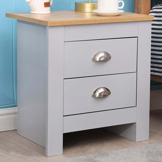FurnitureHMD 2 Drawer Grey and Oak Effect Wooden Bedside Table Set of 2 - Wilko - image 1