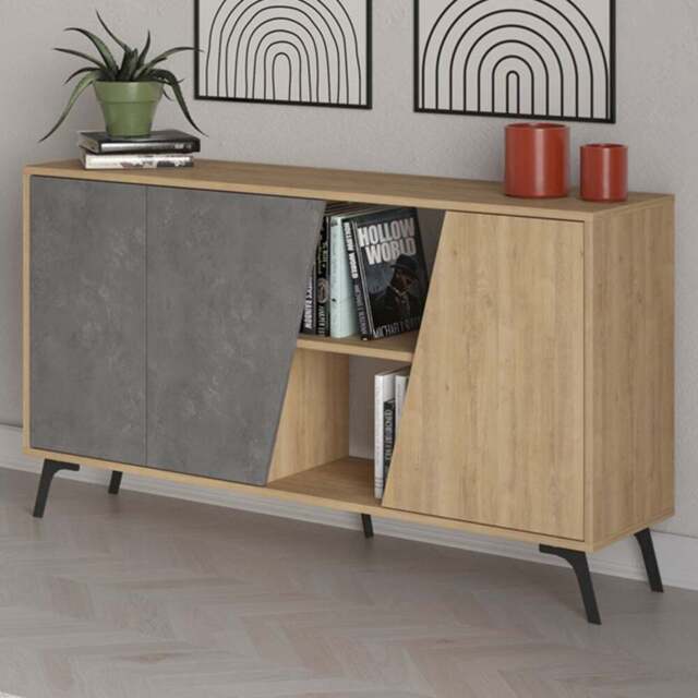 Decortie Fiona 3 Door 2 Shelf Oak and Retro Grey Sideboard - Size: 82 x 150 x 35.6cm - Multi - Wilko - image 1