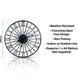 St Helens Black Open Face Sun Design Non Ticking Garden Clock 60cm - Wilko - thumbnail 6