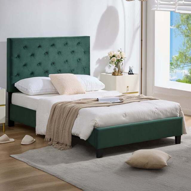 Furniture One King Size Green Upholstered Bed Frame with Adjustable Tufted Headboard - Wilko - image 1