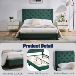 Furniture One King Size Green Upholstered Bed Frame with Adjustable Tufted Headboard - Wilko - thumbnail 7