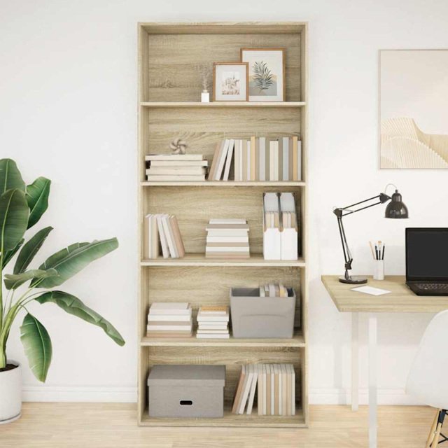 vidaXL 5 Shelf Sonoma Oak Bookcase - Size: 189 x 30 x 80cm - Brown - Wilko - image 1