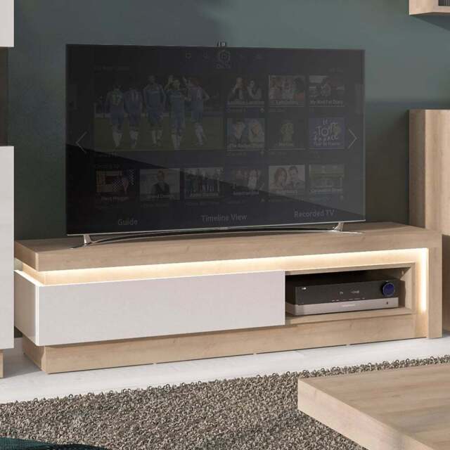 Furniture To Go Lyon Single Drawer Riviera Oak and White High Gloss TV Cabinet - Size: 42 x 130 x 41.7cm - Multi - Wilko - image 1