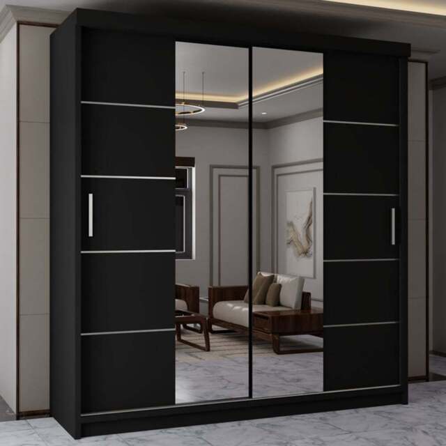 Sliding Wardrobes 4U 2 Sliding Door Black Half Mirrored Wardrobe 150cm - Size: 2 Door - Wilko - image 1