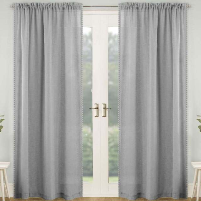 Tyrone Textiles Tahiti Grey Linen Look Pom Pom Trim Rod Pocket Voile Panel Curtains 140 x 122cm - Size: W 140 x D 122cm - Wilko - image 1