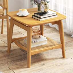 Costway Single Shelf Bamboo and Faux Rattan Natural Side Table - Size: 55 x 55 x 50cm - n/a - Wilko