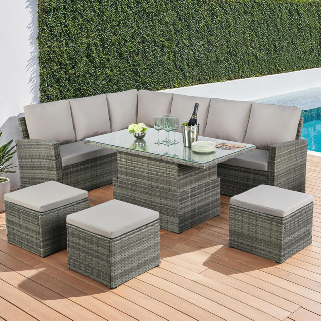 Home Garden Direct Pelias 8 Seater Rattan Corner Sofa Set with Rising Table - Grey - Wilko - image 1