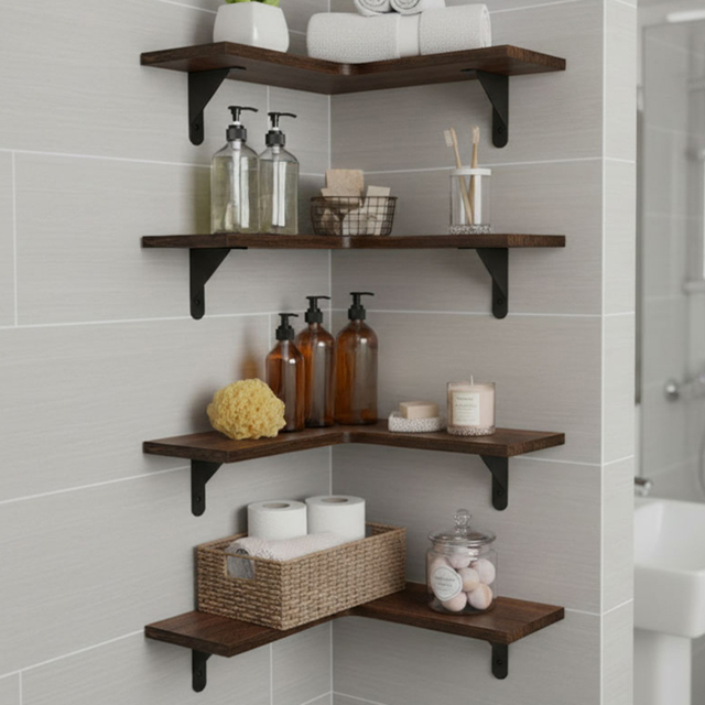 Living and Home 4 Piece Brown L-Shaped Wall-Mounted Shelf - Size: 14 x 40.4 x 29cm - Wilko - image 1