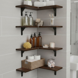 Living and Home 4 Piece Brown L-Shaped Wall-Mounted Shelf - Size: 14 x 40.4 x 29cm - Wilko - thumbnail 1