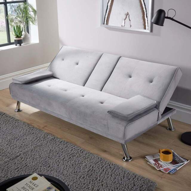 Home Source 2 Seater Grey Crushed Velvet Folding Sofa Bed with Armrests and Metal Legs - Wilko - image 1