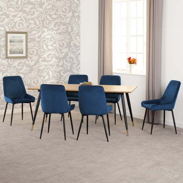 Seconique Hamilton Avery Oak Effect Velvet 6 Seater Dining Table Set Sapphire Blue - Multi - Wilko - image 1