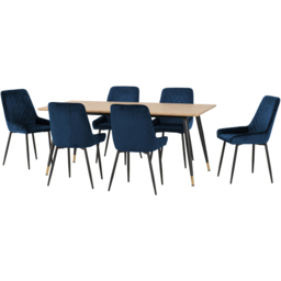 Seconique Hamilton Avery Oak Effect Velvet 6 Seater Dining Table Set Sapphire Blue - Multi - Wilko - thumbnail 3