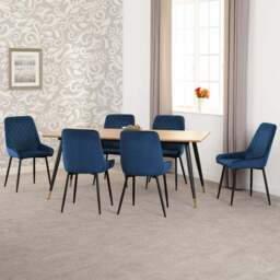 Seconique Hamilton Avery Oak Effect Velvet 6 Seater Dining Table Set Sapphire Blue - Multi - Wilko - thumbnail 1