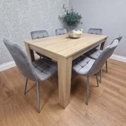 Portland Rocco 6 Seater Velvet Dining Set Wooden Oak Effect and Grey - Multi - Wilko