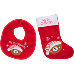 Bear Bib and Stocking Set Red - Candy Cane Lane - Wilko