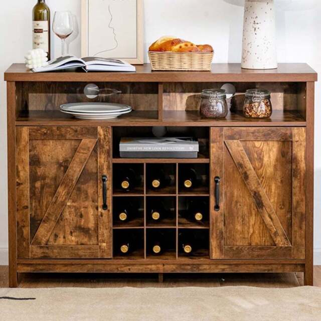 Costway 2 Door 2 Shelf Rustic Brown Buffet Storage Cabinet with Detachable Wine Rack - Size: 115 x 40 x 80.5cm - Wilko - image 1