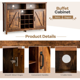 Costway 2 Door 2 Shelf Rustic Brown Buffet Storage Cabinet with Detachable Wine Rack - Size: 115 x 40 x 80.5cm - Wilko - thumbnail 7