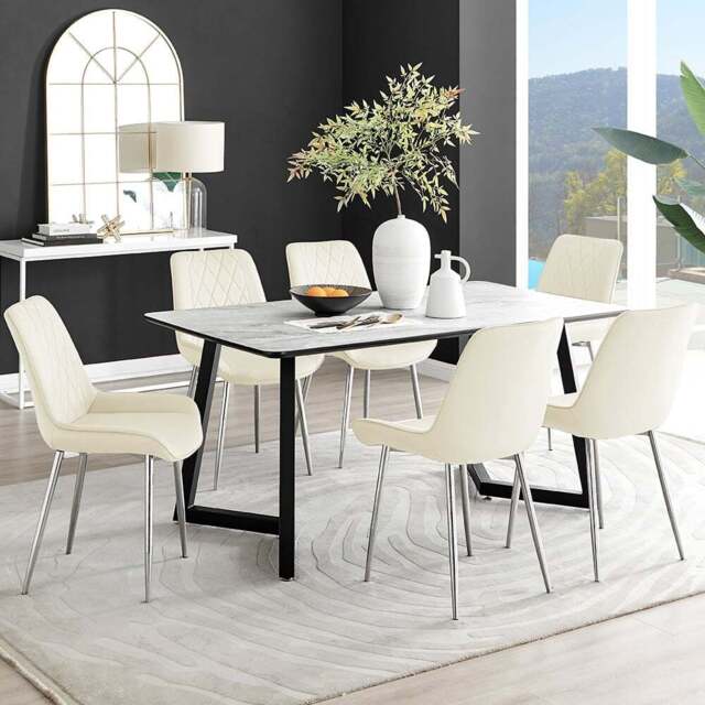 Furniturebox Copeland Cesano Marble Effect 6 Seater Dining Set White Cream and Chrome - Wilko - image 1