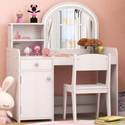 Costway Kids White Vanity Table and Chair Set with Storage - Size: 89 x 53 x 16cm - Wilko