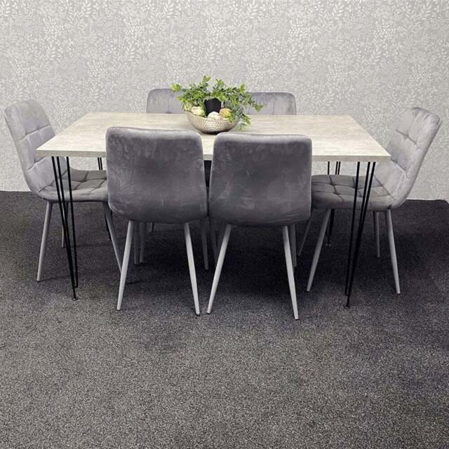 Kosy Koala 6 Seater Wood and Velvet Tufted Dining Set Grey - Multi - Wilko - image 1