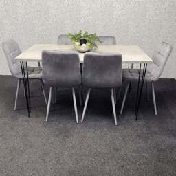 Kosy Koala 6 Seater Wood and Velvet Tufted Dining Set Grey - Multi - Wilko - thumbnail 1