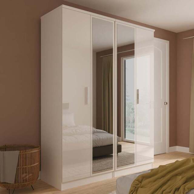 Crowndale Knightsbridge 4 Door Kashmir Gloss Tall Mirror Wardrobe Ready Assembled - Kashmir Gloss & Kashmir - Wilko - image 1
