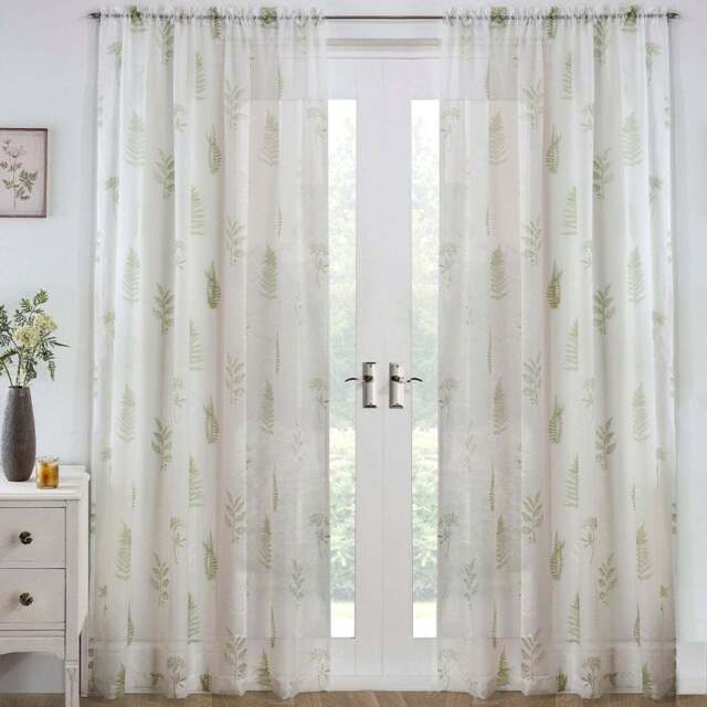 Tyrone Textiles Bracken Green Wild Leaf Print Rod Pocket Voile Panel Curtains 140 x 183cm - Size: W 140 x D 183cm - Wilko - image 1