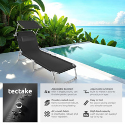 tectake Chloé Set of 2 Black 4 Step Backrest Sun Lounger with Head Cushion - Size: 65 x 68 x 190cm - Wilko - thumbnail 7