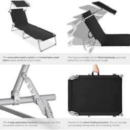 tectake Chloé Set of 2 Black 4 Step Backrest Sun Lounger with Head Cushion - Size: 65 x 68 x 190cm - Wilko - thumbnail 6